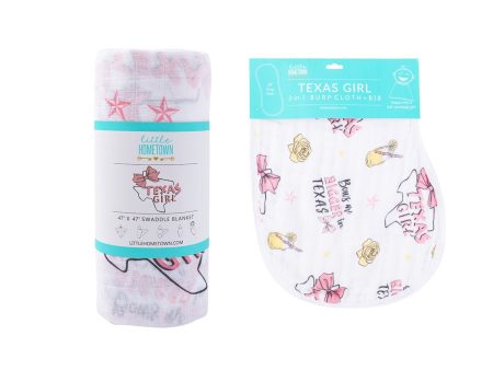 Gift Set: Texas Baby Girl Muslin Swaddle Blanket and Burp Cloth Bib Combo by Little Hometown For Discount