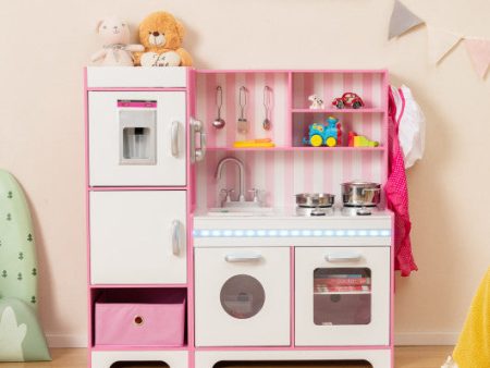 Kids Kitchen Playset Wooden Toy with Adjustable LED Lights and Washing Machine-Pink Online Sale