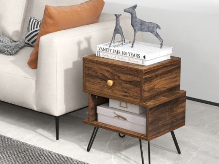 Set of 2 2-Tier Irregular Wooden Nightstands with Elevated Metal Feet-Walnut Cheap