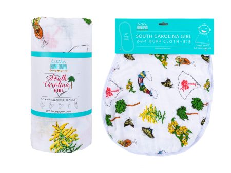 Gift Set: South Carolina Girl Baby Muslin Swaddle Blanket and Burp Cloth Bib Combo by Little Hometown For Sale