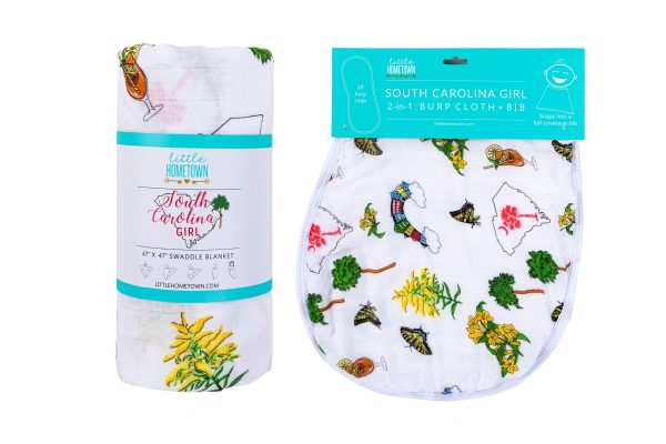 Gift Set: South Carolina Girl Baby Muslin Swaddle Blanket and Burp Cloth Bib Combo by Little Hometown For Sale