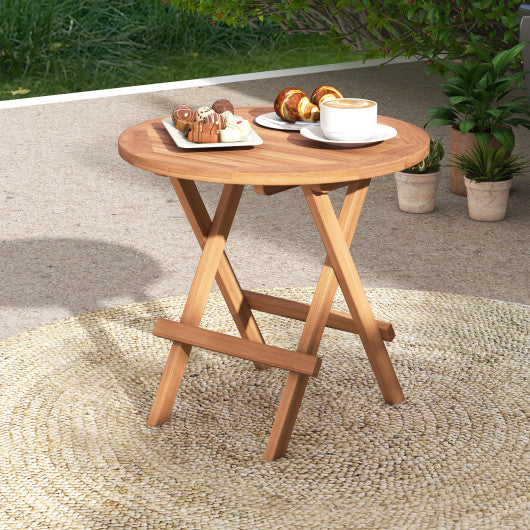 Round Patio Folding Coffee Table Teak Wood with Slatted Tabletop Supply