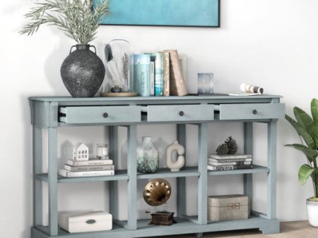 58  Retro Console Table with 3 Drawers and Open Shelves Rectangular Entryway Table-Blue For Sale