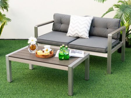 Modern Rectangular Patio Coffee Table with Plastic Wood Tabletop and Rustproof Aluminum Frame-Gray Online Sale