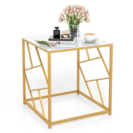 Square End Table with Tempered Glass Tabletop and Gold Finish Geometric Frame-Golden Online Hot Sale