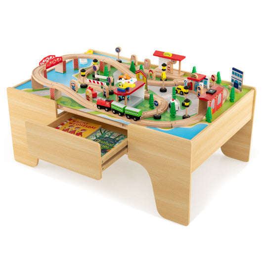 84-Piece Wooden Train Set with Reversible and Detachable Tabletop Cheap