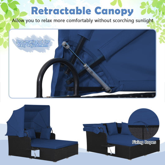 Patio Rattan Daybed with Retractable Canopy and Side Tables-Navy Online now