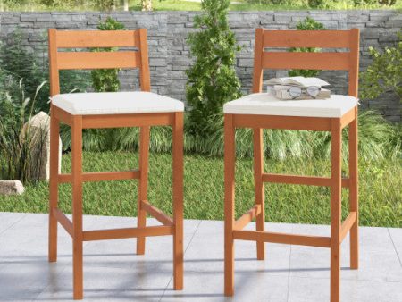 Set of 2 Outdoor Wood Barstools with Soft Seat Cushion-Off White For Sale