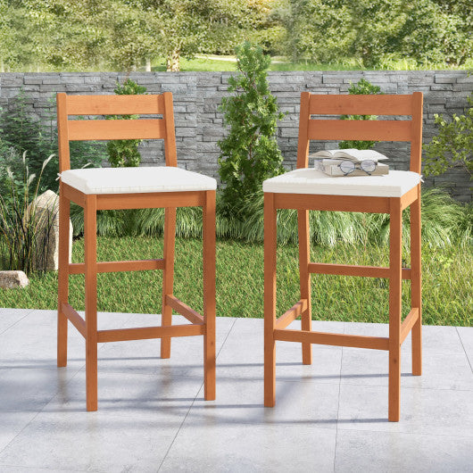 Set of 2 Outdoor Wood Barstools with Soft Seat Cushion-Off White For Sale