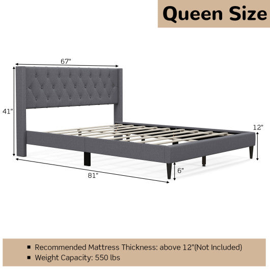 Queen Size Upholstered Platform Bed with Button Tufted Wingback Headboard-Gray Sale