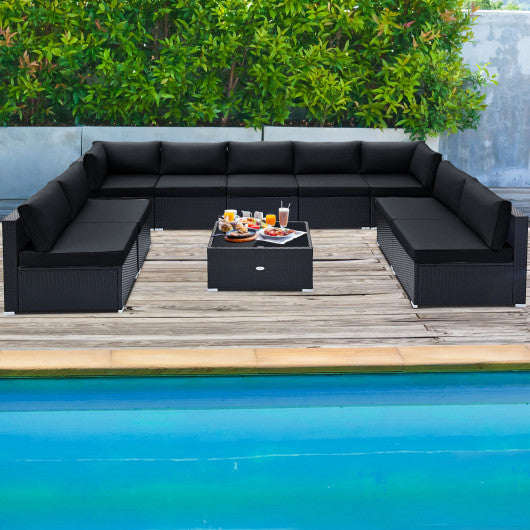 10 Piece Outdoor Wicker Conversation Set with Seat and Back Cushions-Black Online Sale