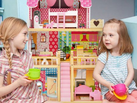 Doll House Playset with 3 Stories and 6 Simulated Rooms and 15 Pieces of Furniture-Pink For Cheap