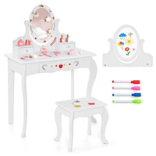 Kids Vanity and Stool Set with 360° Rotatable Mirror and Whiteboard-White Supply