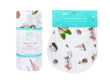 Gift Set: Massachusetts Girl Baby Muslin Swaddle Blanket and Burp Cloth Bib Combo by Little Hometown on Sale