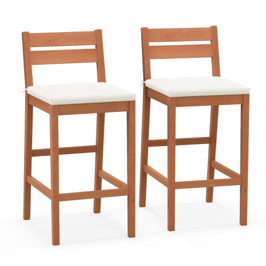 Set of 2 Outdoor Wood Barstools with Soft Seat Cushion-Off White For Sale