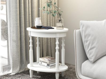 2-Tier Oval Side Table with Storage Shelf and Solid Wood Legs-White Online Sale