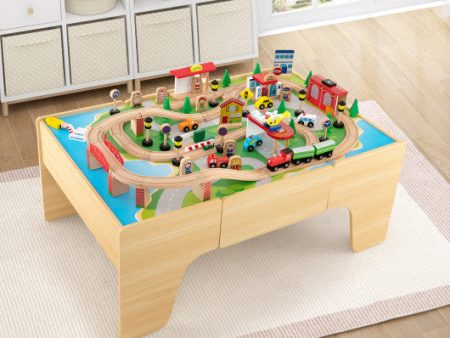 84-Piece Wooden Train Set with Reversible and Detachable Tabletop Cheap