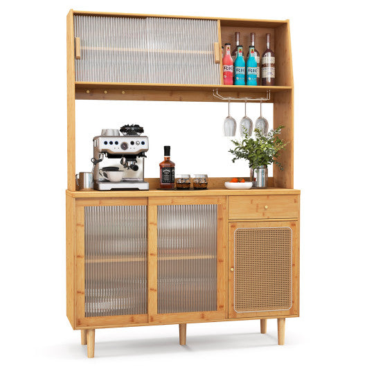 69 Inch Wine Bar Kitchen Cabinet with Sliding Tempered Glass and Rattan Door-Natural Sale