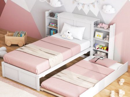 Twin Full Kids Wooden Platform Bed with Trundle Storage Headboard-Twin Size For Cheap