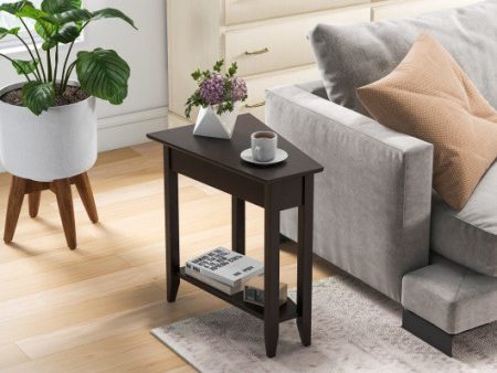 2-Tier Wedge Narrow End Table with Storage Shelf and Solid Wood Legs-Espresso Sale