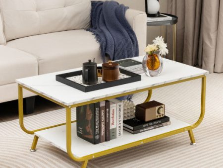 2-Tier Faux Marble Top Rectangular Coffee Table with Metal Frame-White For Sale