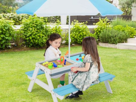 3-in-1 Kids Outdoor Picnic Water Sand Table with Umbrella Play Boxes-Blue Discount