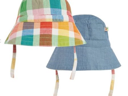 Frugi Haydon Sun Hat Rainbow Check Chambray, Reversible Fashion