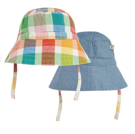 Frugi Haydon Sun Hat Rainbow Check Chambray, Reversible Fashion